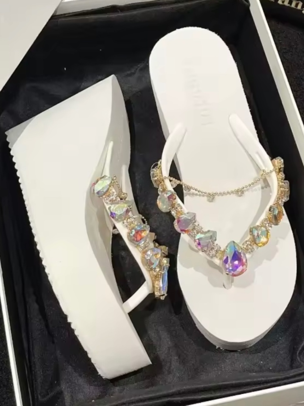 Crystal White Flip Flops Platform Heel Rhinestones Women Wedge Sandals Shoes